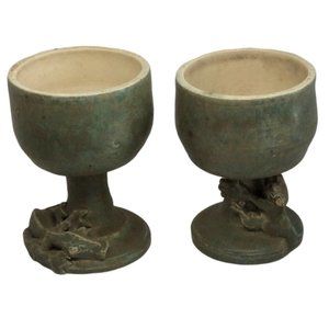 Vintage Art Pottery Signed Celadon Goblets With Lizards Amphibians Set of Two